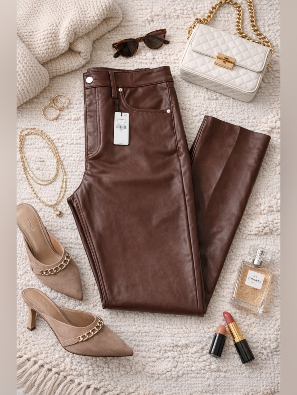 Express Chocolate Faux Leather Trousers Size 4 Long NWT